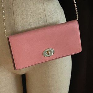 Coach Leather Bifold Clutch Wallet Rose Pink Turnlock Detachable Chain Dust Bag